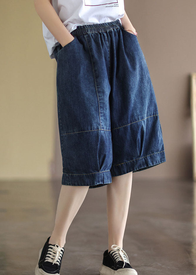 Plus Size Blue Elastic Waist Pockets Patchwork Cotton Denim Half Pants Summer