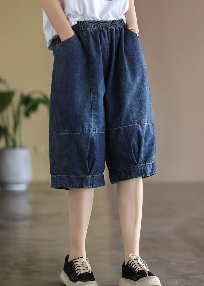 Plus Size Blue Elastic Waist Pockets Patchwork Cotton Denim Half Pants Summer