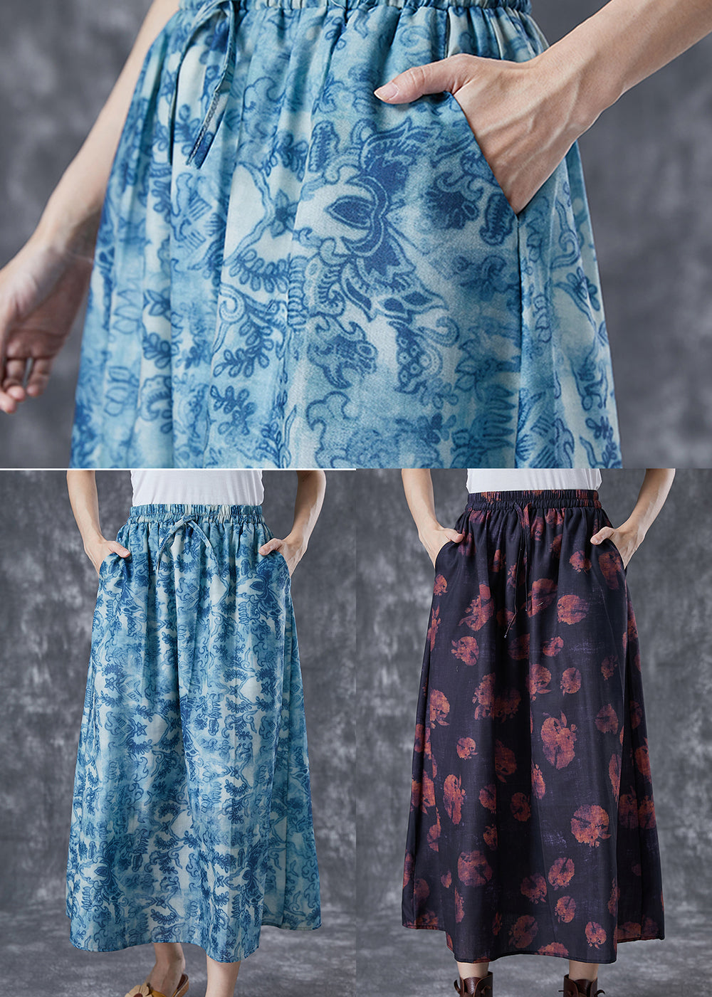 Plus Size Blue Elastic Waist Print Linen A Line Skirts Summer