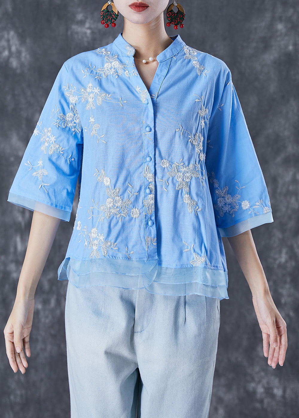 Plus Size Blue Embroideried Patchwork Linen Blouse Tops Summer