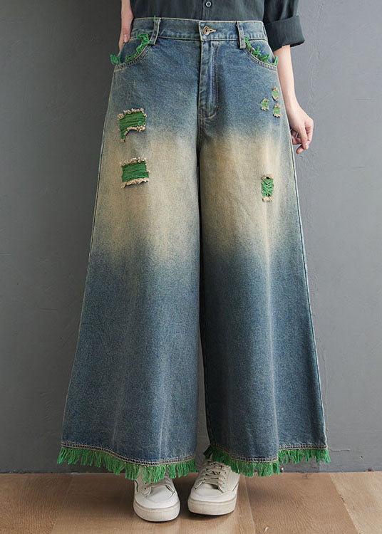 Plus Size Blue High Waist Hole Pockets Tassel Cotton Denim Wide Leg Pants Spring