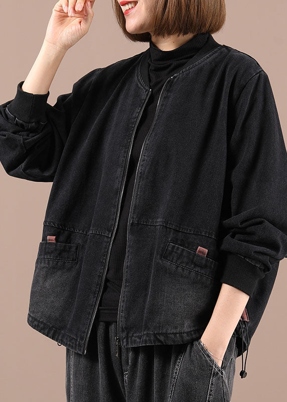 Plus Size Blue Loose Zippered Pockets Fall Denim Long sleeve Jackets