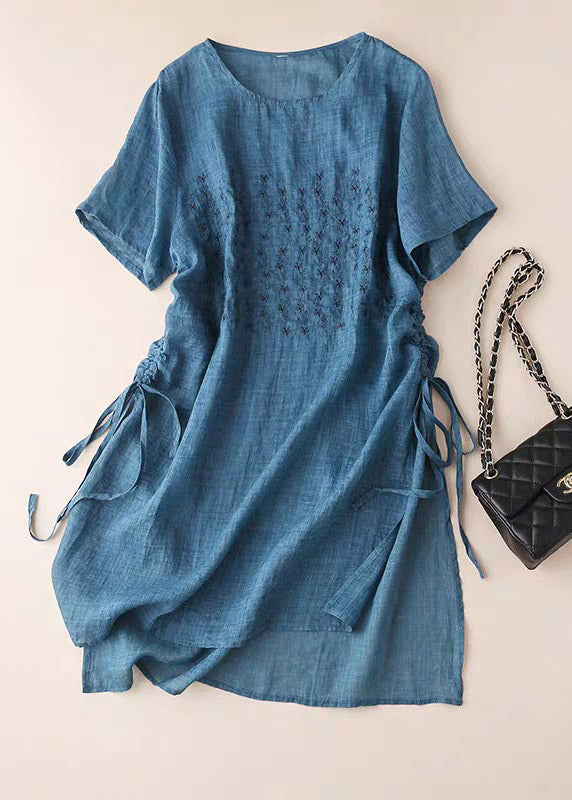 Plus Size Blue O-Neck Embroideried Cotton Dress Short Sleeve