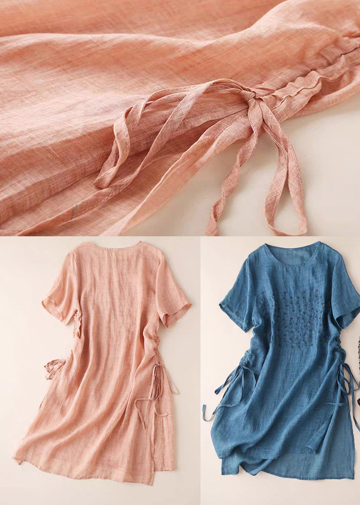 Plus Size Blue O-Neck Embroideried Cotton Dress Short Sleeve