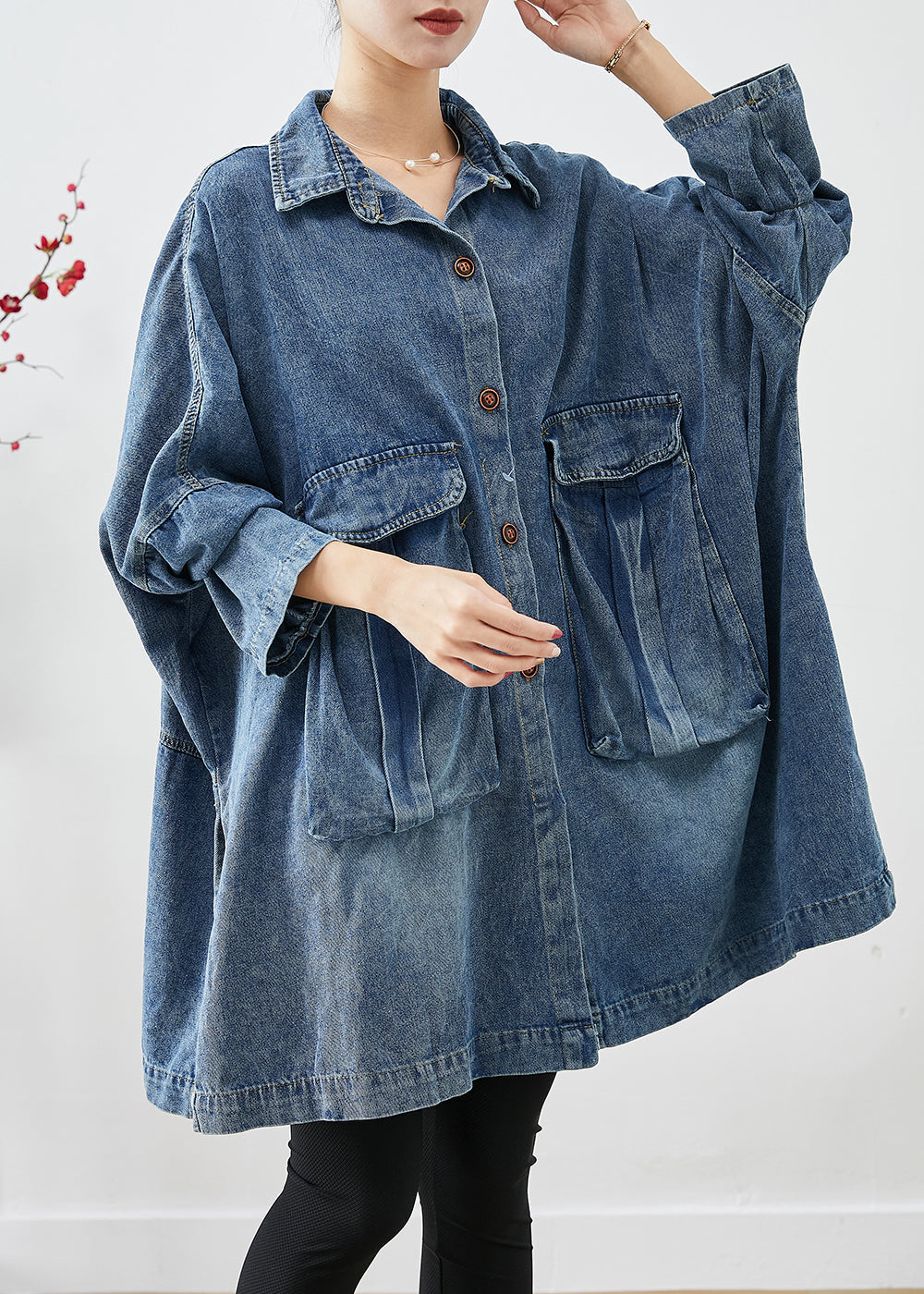 Plus Size Blue Oversized Big Pockets Denim Coats Fall