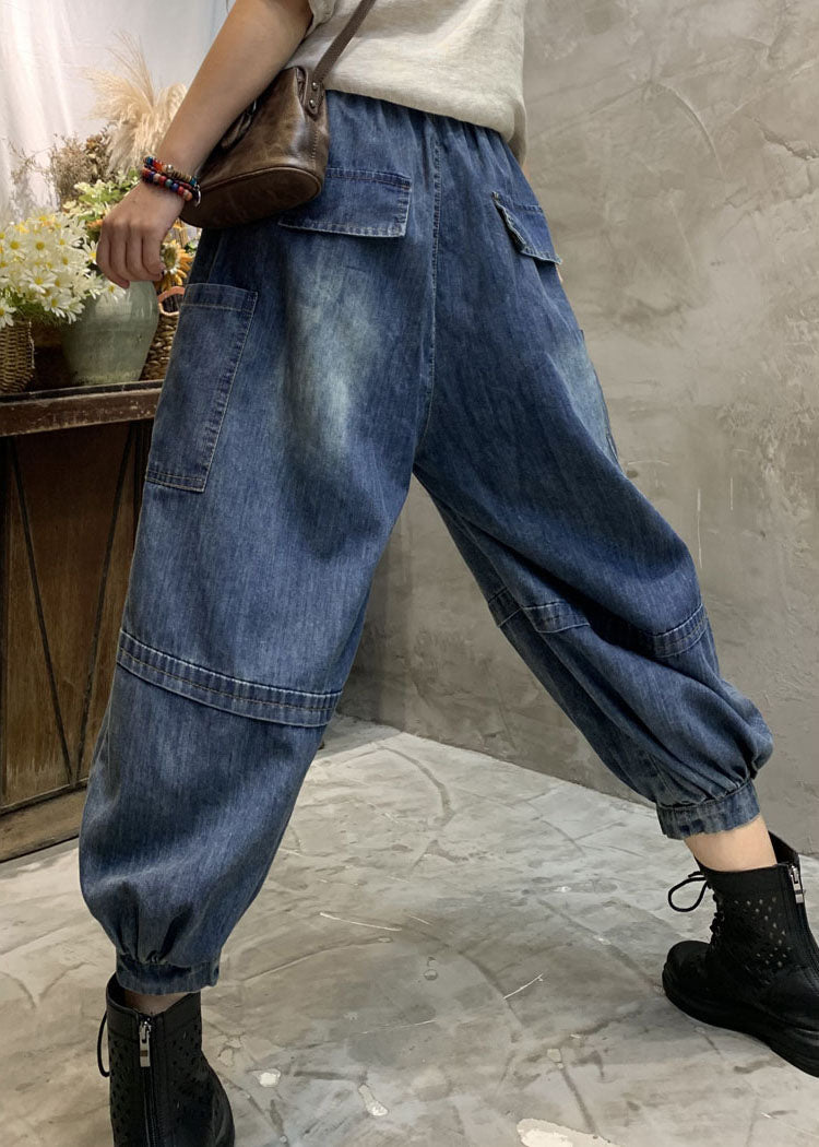 Plus Size Blue Pockets denim lantern Pants Spring