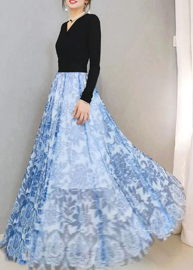 Plus Size Blue Print High Waist Exra Large Hem Tulle Skirts Spring