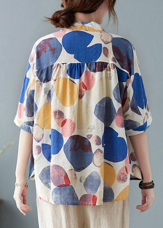 Plus Size Blue Stand Collar Button Print Fall Half Sleeve Shirt Top