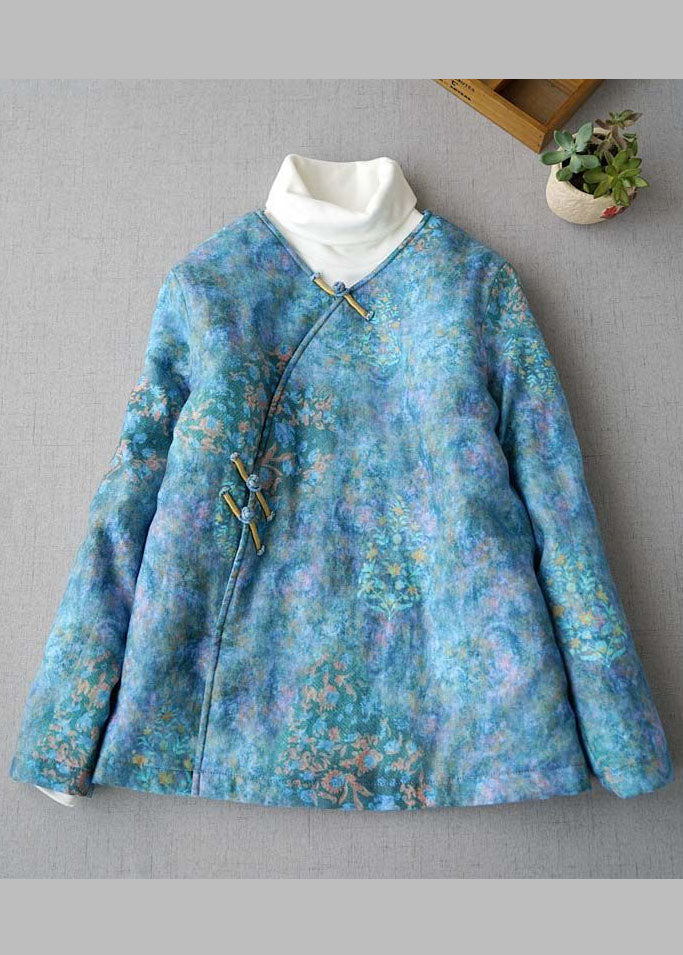 Plus Size Blue button V Neck Print Fine Cotton Filled coats Winter