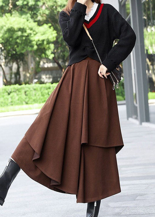 Plus Size Brown Asymmetrical Patchwork Woolen Skirts Winter