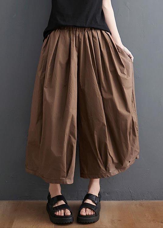 Plus Size Brown Pockets Wide Leg Pants Trousers Summer Cotton Linen