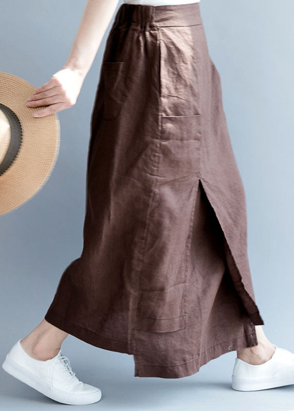 Plus Size Chocolate Asymmetrical Pockets Linen Skirts Spring