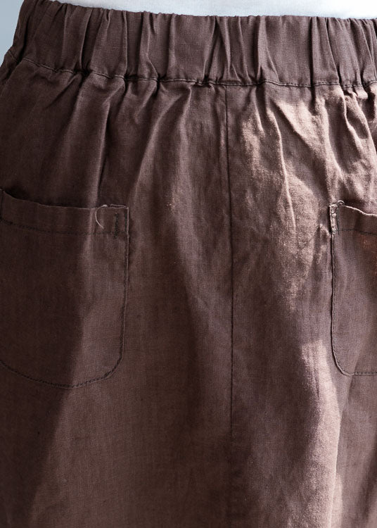 Plus Size Chocolate Asymmetrical Pockets Linen Skirts Spring