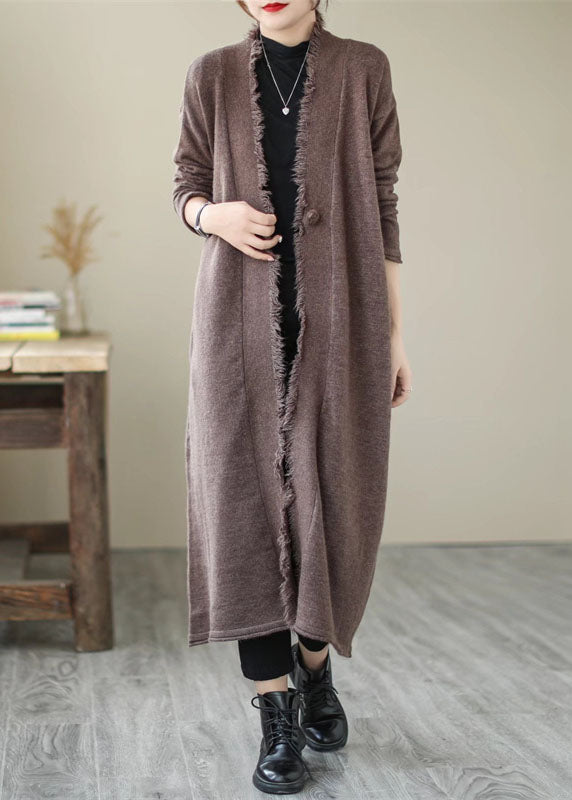 Plus Size Chocolate Button Knit Coats Long Sleeve