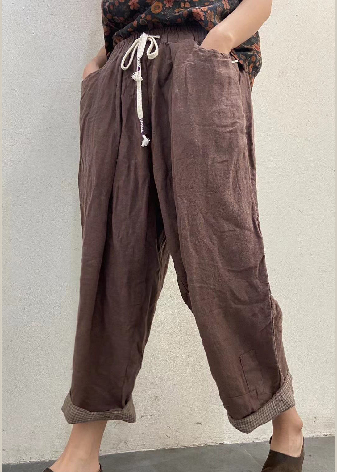 Plus Size Chocolate elastic waist drawstring Pockets Linen Pants Spring