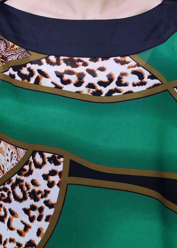 Plus Size Green Asymmetrical Design Leopard Print Silk Shawl Tops Short Sleeve