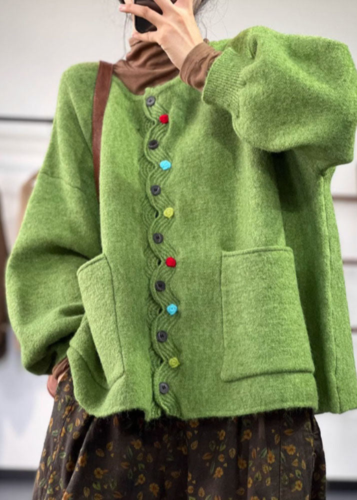 Plus Size Green O Neck Pockets Button Knit Coat Spring