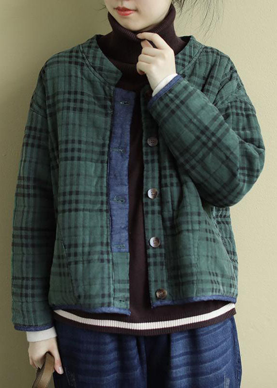 Plus Size Green Plaid Button Patchwork Winter Jackets Long sleeve