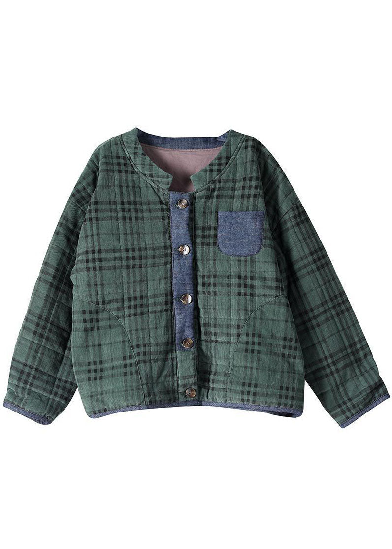 Plus Size Green Plaid Button Patchwork Winter Jackets Long sleeve