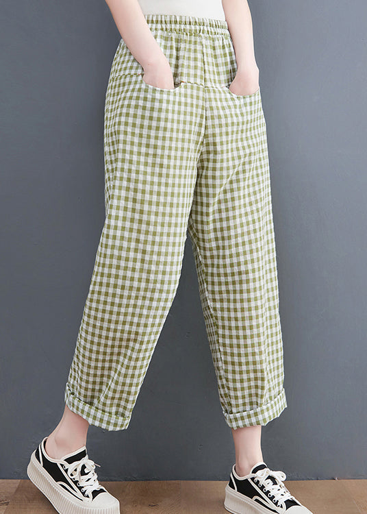 Plus Size Green Plaid elastic waist Plaid Linen Pants Spring