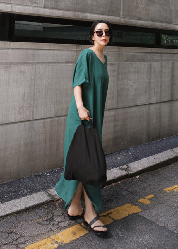 Plus Size Green V Neck Side Open Long Dress Short Sleeve