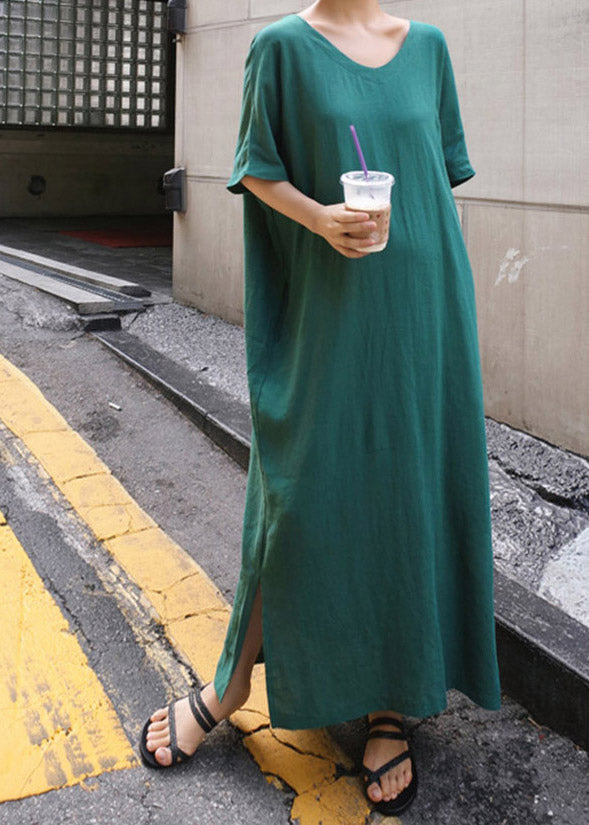 Plus Size Green V Neck Side Open Long Dress Short Sleeve