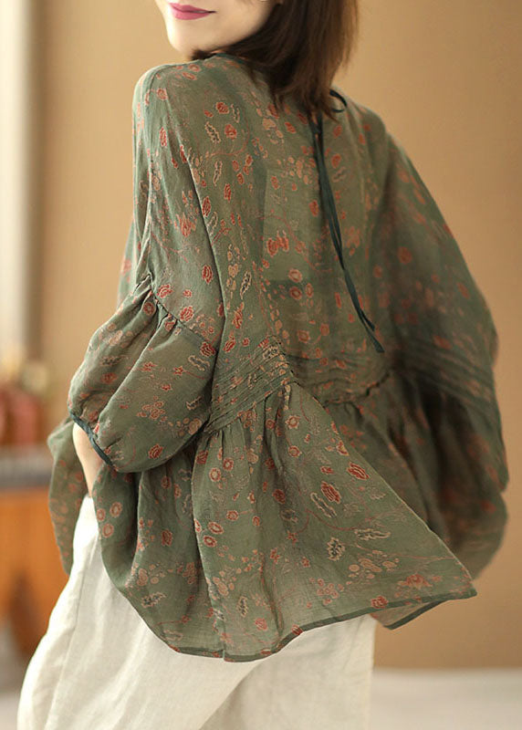 Plus Size Grey Green Print Wrinkled Patchwork Linen Shirt Tops Short Sleeve