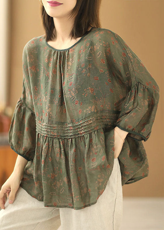 Plus Size Grey Green Print Wrinkled Patchwork Linen Shirt Tops Short Sleeve