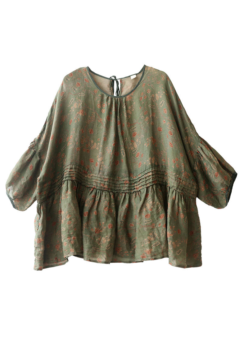 Plus Size Grey Green Print Wrinkled Patchwork Linen Shirt Tops Short Sleeve