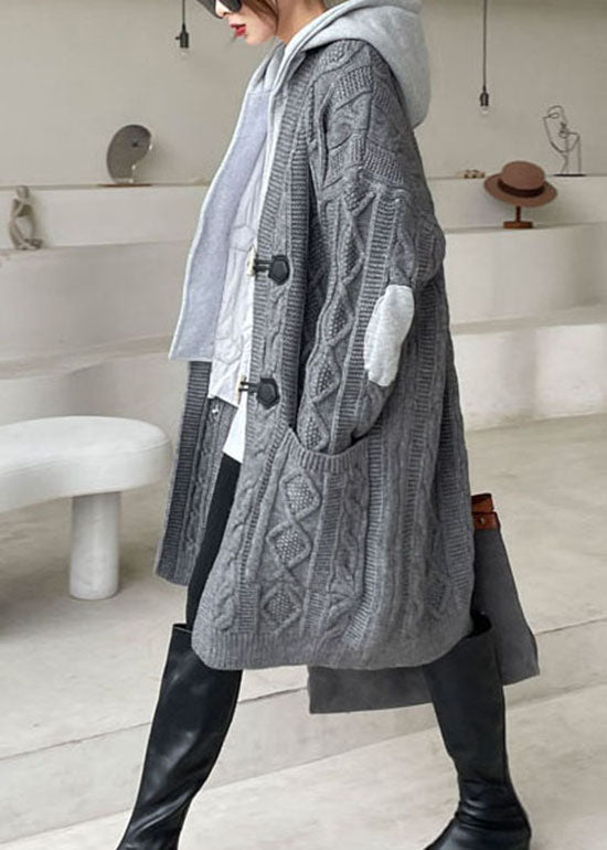 Plus Size Grey Hooded Patchwork Knit Sweaters Winter Coat