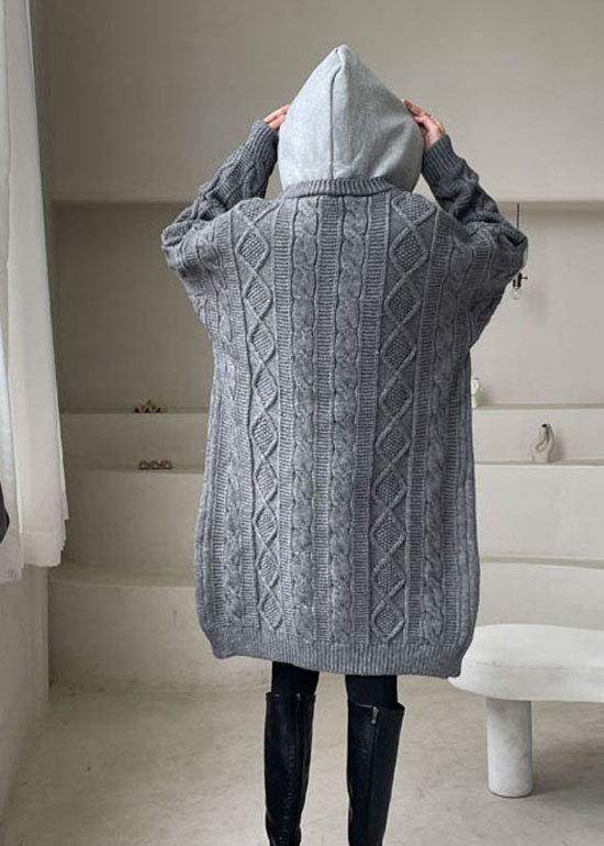 Plus Size Grey Hooded Patchwork Knit Sweaters Winter Coat