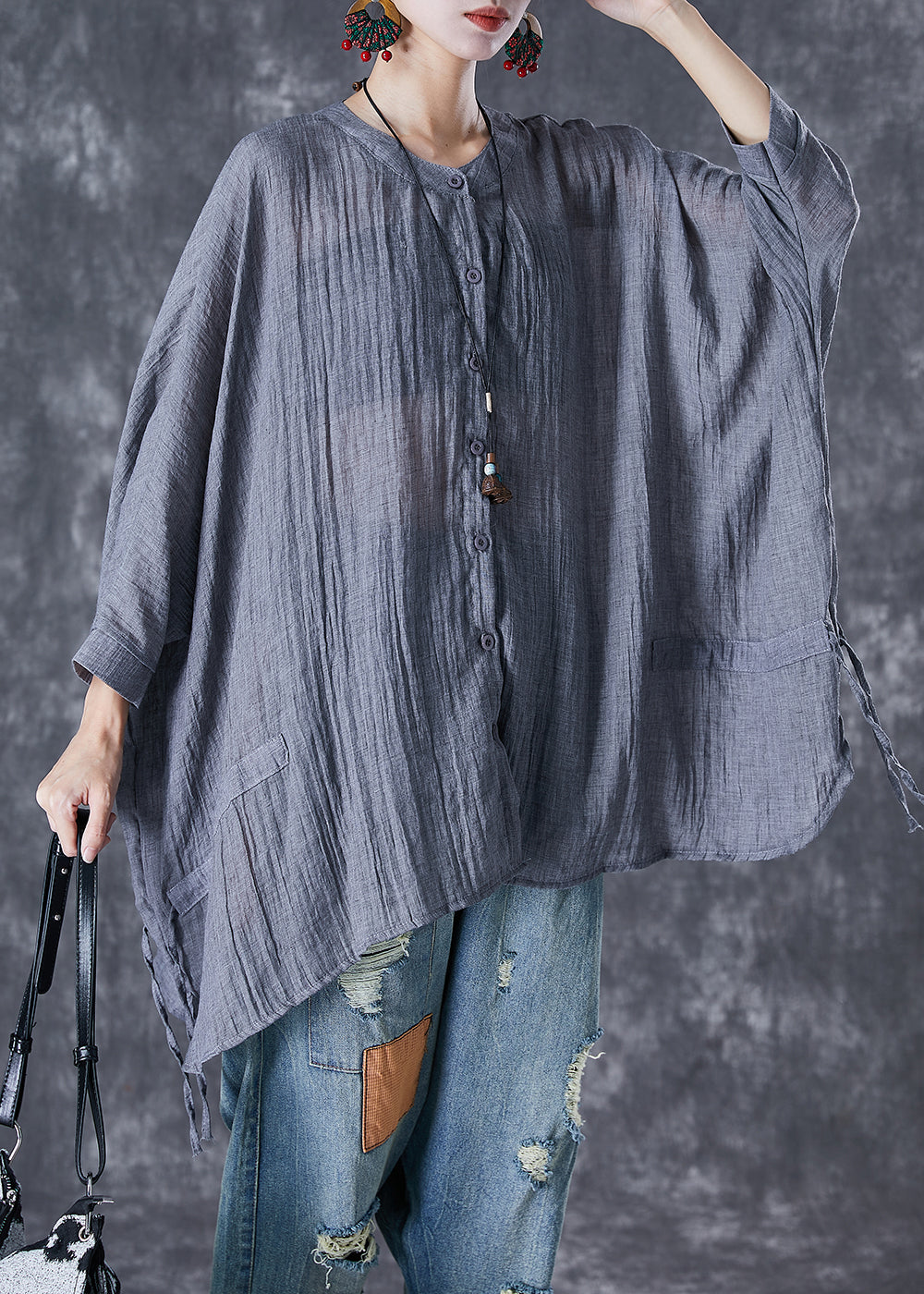 Plus Size Grey Oversized Linen Blouses Batwing Sleeve