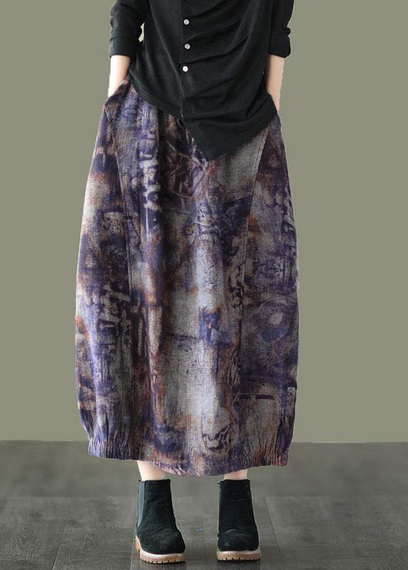 Plus Size Grey Purple Retro Print A Line Pockets Fall Skirts