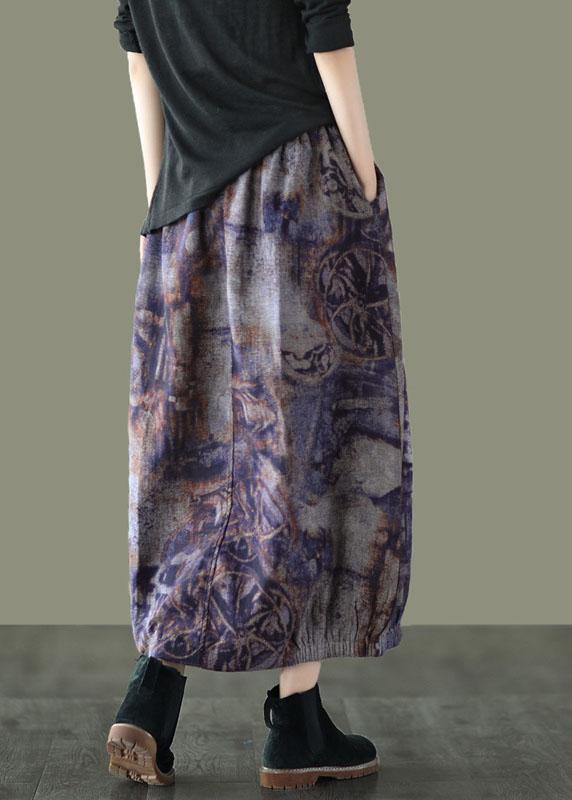 Plus Size Grey Purple Retro Print A Line Pockets Fall Skirts