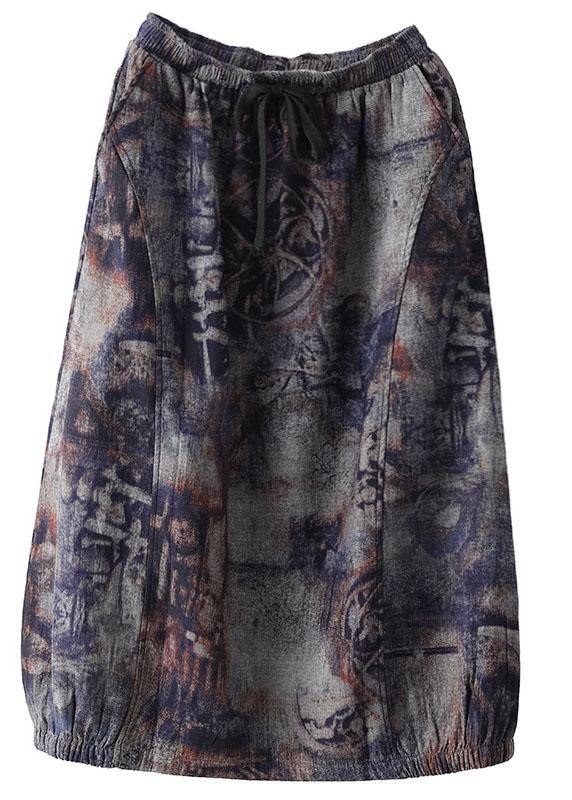 Plus Size Grey Purple Retro Print A Line Pockets Fall Skirts