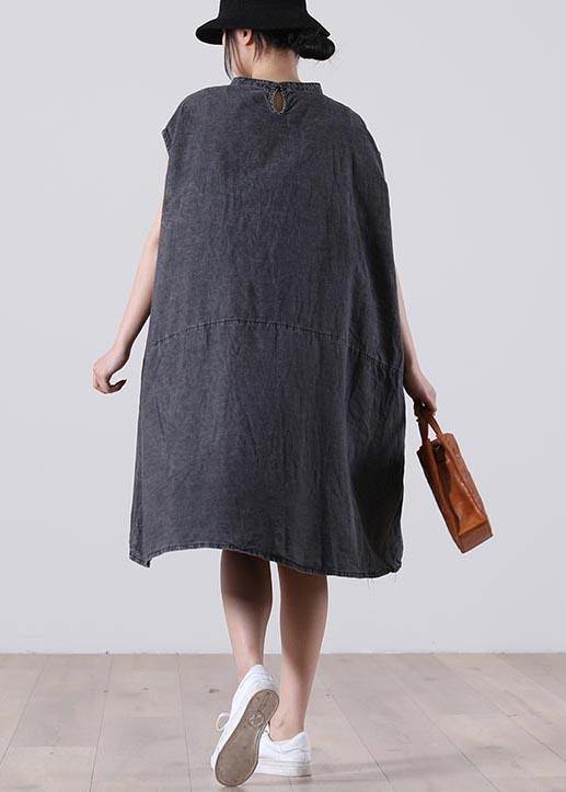 Plus Size Grey Sleeveless Pockets Loose Vacation Summer Cotton Dress