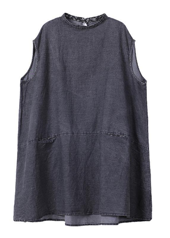 Plus Size Grey Sleeveless Pockets Loose Vacation Summer Cotton Dress