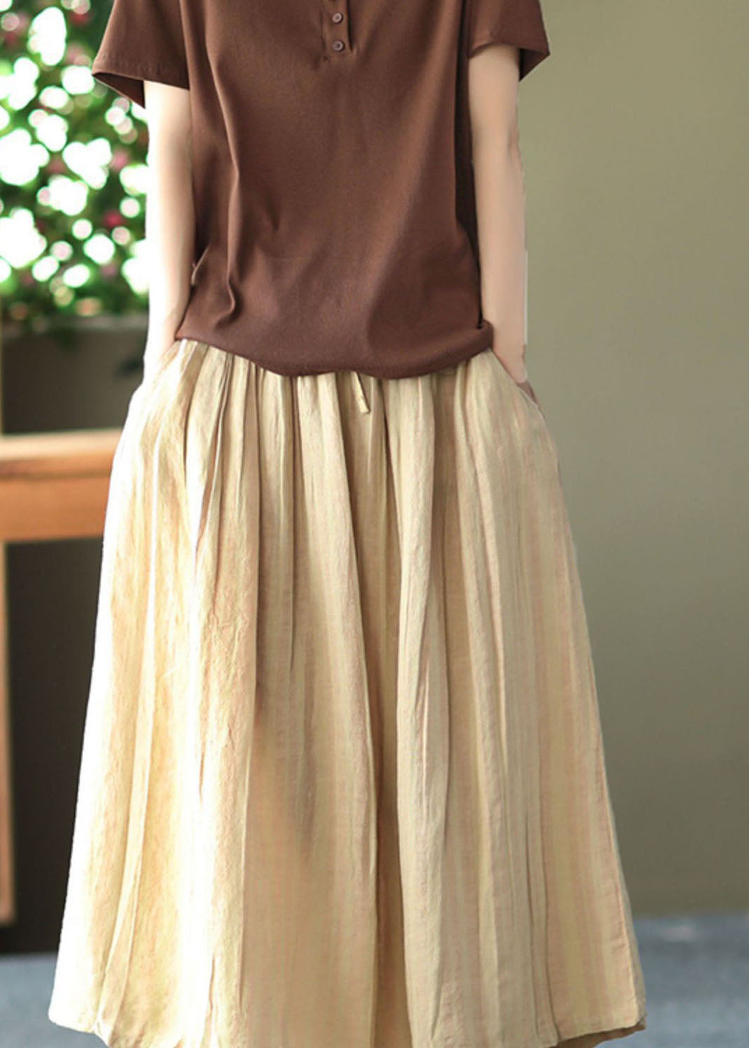 Plus Size Khaki Drawstring Pockets Linen A Line Skirts Summer