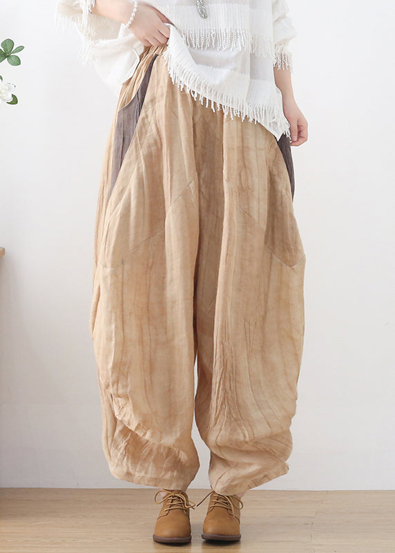 Plus Size Khaki Elastic Waist Wrinkled Patchwork Linen Harem Pants Summer