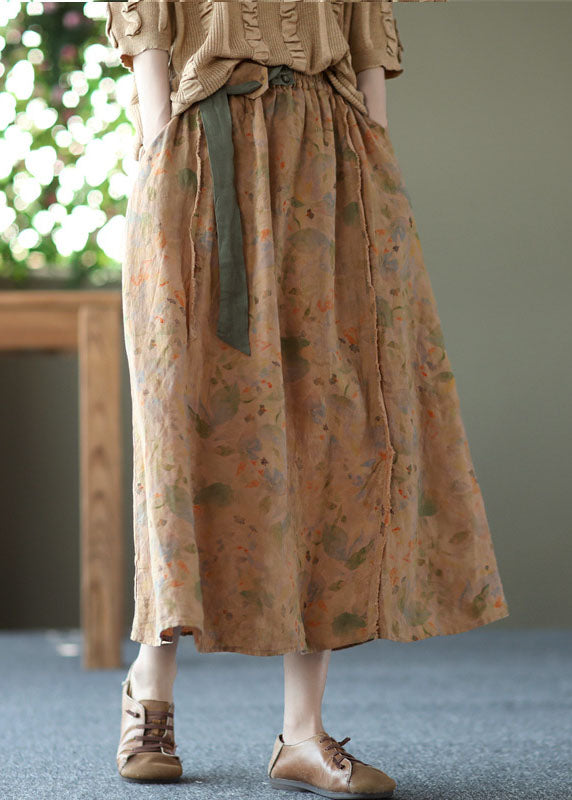 Plus Size Khaki Patchwork Sashes Linen Skirt Summer