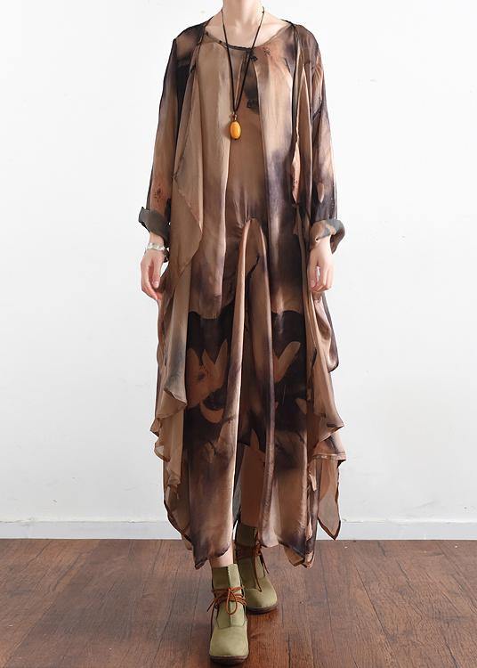 Plus Size Khaki Print asymmetrical design Long Summer Chiffon Dress