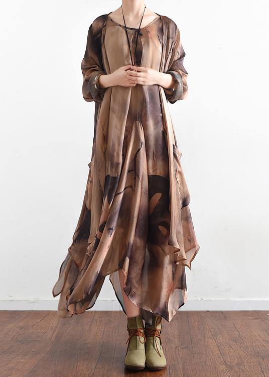 Plus Size Khaki Print asymmetrical design Long Summer Chiffon Dress