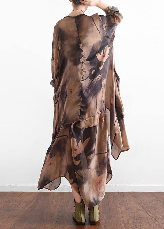 Plus Size Khaki Print asymmetrical design Long Summer Chiffon Dress