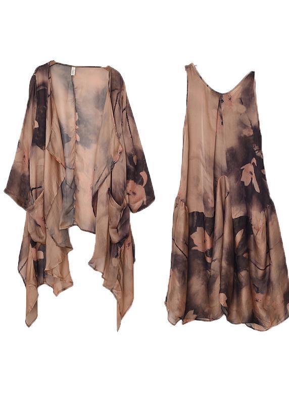 Plus Size Khaki Print asymmetrical design Long Summer Chiffon Dress