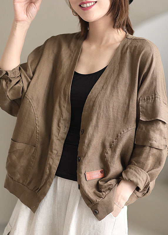 Plus Size Khaki V Neck Loose Button Fall Long sleeve Jacket