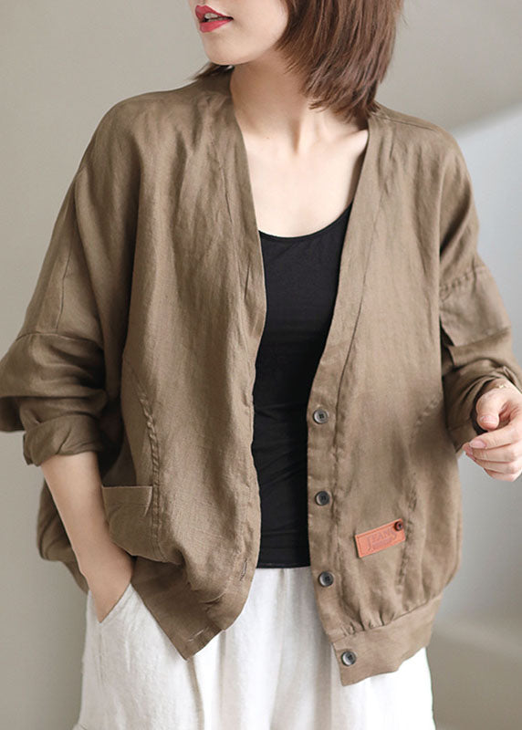 Plus Size Khaki V Neck Loose Button Fall Long sleeve Jacket