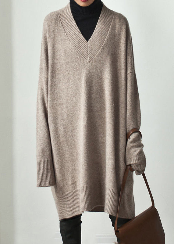 Plus Size Khaki V Neck Oversized Knit Sweater Dress Spring