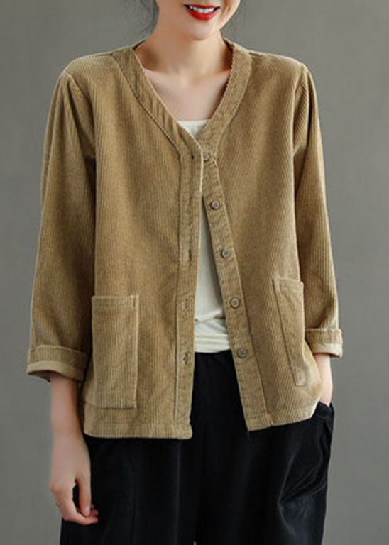 Plus Size Khaki V Neck Pockets Button Corduroy Coats Long Sleeve