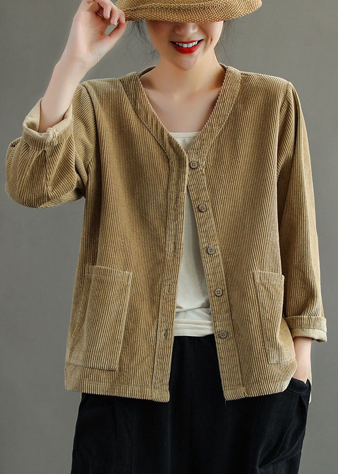 Plus Size Khaki V Neck Pockets Button Corduroy Coats Long Sleeve