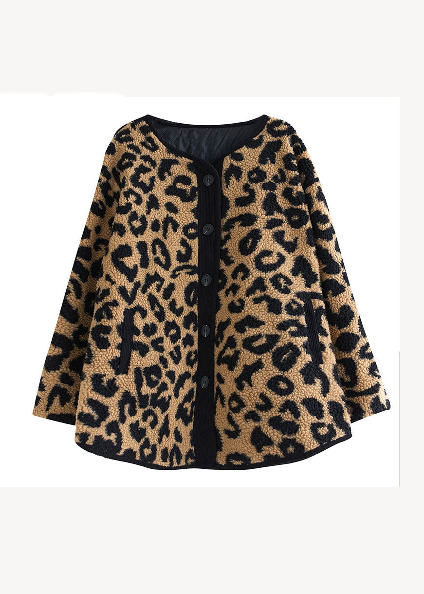 Plus Size Leopard Pockets Fine Cotton Filled Faux Fur Coats Winter